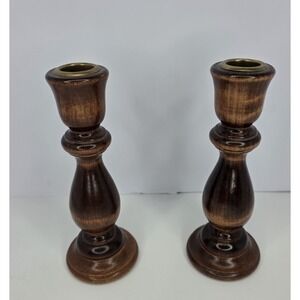 (2) Vintage MCM Wooden‎ Candlesticks Holders 6.75" × 2.50"